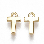 Brass Charms, Letter, Nickel Free, Real 18K Gold Plated, Letter.T, 8.5x5x1.5mm, Hole: 0.8mm(X-KK-S350-167T-G)