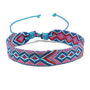 Cotton Braided Rhombus Cord Bracelet, Ethnic Tribal Adjustable Bracelet for Women, Light Sky Blue, Inner Diameter: 7-1/8~9-7/8 inch(18~25cm)(PW-WG48792-06)