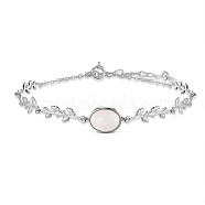 SHEGRACE 925 Sterling Silver Link Bracelets, with Oval Natural Chalcedony and Spring Ring Clasps, Leafy Branches, Platinum, 16cm(6-1/4 inch)(JB690A)