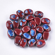 Handmade Porcelain Beads, Fancy Antique Glazed Porcelain, Oval, Dark Red, 12~14x9~10.5x9~11mm, Hole: 2.5mm(PORC-S498-07M)