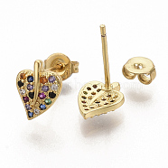 Brass Micro Pave Colorful Cubic Zirconia Stud Earrings, with Earring Backs, Leaf, Real 16K Gold Plated, 9.5x7mm, Pin: 0.7mm(EJEW-S208-030)
