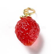 Handmade Lampwork Pendants, with Brass Findings, Cadmium Free & Lead Free, Matte Gold Color, 3D Strawberry, Red, 20x12x11.5mm, Hole: 3mm(LAMP-A150-01MG)