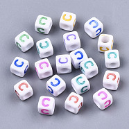 Opaque White Acrylic Beads, with Enamel, Horizontal Hole, Cube with Mixed Color Letter, Letter.C, 6x6x6mm, Hole: 3mm, about 2900pcs/500g(SACR-R252-02C)