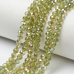 Electroplate Glass Beads Strands, Half Plated, Rainbow Plated, Faceted, Rondelle, Yellow Green, 4x3mm, Hole: 0.4mm, about 123~127pcs/strand, 16.5~16.9 inch(42~43cm)(EGLA-A034-T4mm-K15)
