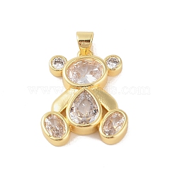 Brass Pendants, with Glass, Real 18K Gold Plated, Bear Charms, Clear, 21.5x18x3.5mm, Hole: 4x3.5mm(KK-E111-40G-01)