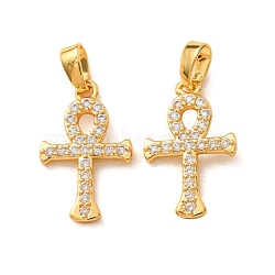 Brass Micro Pave Clear Cubic Zirconia Pendants, Ankh Cross Charms, Real 18K Gold Plated, 18x11x2mm, Hole: 2.5x4mm(CU-CBA0D78-01G)