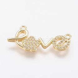 Brass Micro Pave Cubic Zirconia Pendants, Word Love, Real 18K Gold Plated, 12x26.5x2mm, Hole: 1mm(ZIRC-G104-15G)