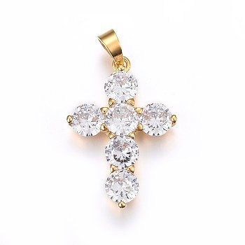 304 Stainless Steel Pendants, with Cubic Zirconia, Cross, Clear, Golden, 33x23x4.5mm, Hole: 5x7mm