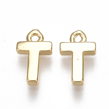 Brass Charms, Letter, Nickel Free, Real 18K Gold Plated, Letter.T, 8.5x5x1.5mm, Hole: 0.8mm