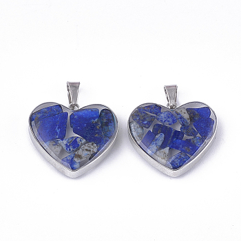 Natural Lapis Lazuli Pendants, with Glass and 304 Stainless Steel Findings, Heart, Stainless Steel Color, 19x21x6mm, Hole: 3x5.5mm