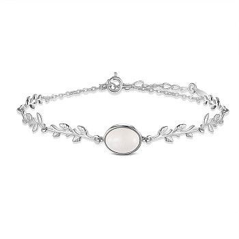 SHEGRACE 925 Sterling Silver Link Bracelets, with Oval Natural Chalcedony and Spring Ring Clasps, Leafy Branches, Platinum, 16cm(6-1/4 inch)