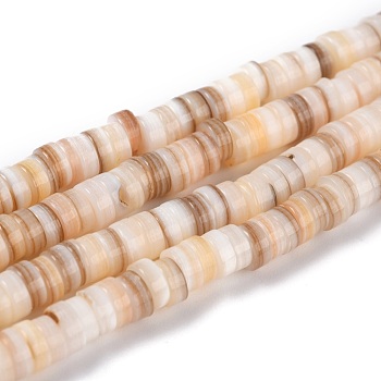 Natural Shell Beads, Flat Round/Disc, Heishi Beads, Linen, 5x1.5~3mm, Hole: 0.8~1mm, about 167~214pcs/strand, 15.55~15.94''(40.5cm)
