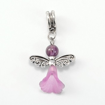 Lovely Wedding Dress Angel Alloy European Dangle Large Hole Pendants, with Amethyst Beads and Transparent Acrylic Beads, 38mm, Hole: 5mm