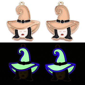 Halloween Theme Rack Plating Luminous Alloy Enamel Pendants, Glow in the Dark, Witch with Hat Charm, Golden, 29.5x23.5x1.5mm, Hole: 1.6mm