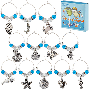 Beach Ocean Theme Alloy Wine Glass Charms, with Glass Beads and Brass Wine Glass Charm Rings, Mixed Shapes, Antique Silver & Platinum, 45~56mm, 12pcs/box