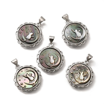 Brass with Natural Shell Carved Pendants, Rack Plating, Flat Round with Moon & Cat, Platinum, 22x19.5x3mm, Hole: 3x4mm