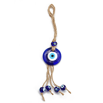 Flat Round Turkish Evil Eye Lucky Blue Eye Pendant Decorations, with Hemp Rope, for Men Women Car Key, Blue, 240x40mm