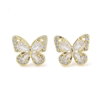 Butterfly Brass Micro Pave Clear Cubic Zirconia Stud Earrings with Glass for Women, Real 18K Gold Plated, 13x15mm