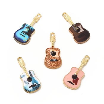 Rack Plating Golden Tone Alloy Pendants, with Printed Enamel, Cadmium Free & Nickel Free & Lead Free, Guitar Charm, Mixed Color, 27x12x2mm, Hole: 1.4mm