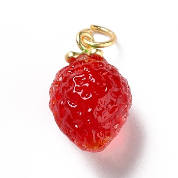 Handmade Lampwork Pendants, with Brass Findings, Cadmium Free & Lead Free, Matte Gold Color, 3D Strawberry, Red, 20x12x11.5mm, Hole: 3mm