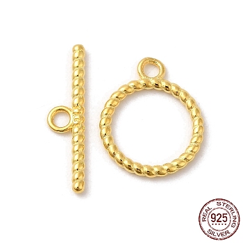Rack Plating 925 Sterling Silver Toggle Clasps, Twist Ring, Real 18K Gold Plated, Ring: 12x10x1mm, Hole: 1.4mm, Bar: 15x3.5x1mm, Hole: 1.4mm