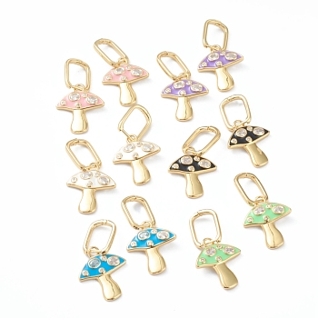 Brass Micro Pave Clear Cubic Zirconia Huggie Hoop Earrings, with Enamel, Mushroom, Golden, Mixed Color, 35mm, Pin: 1mm