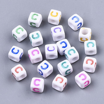 Opaque White Acrylic Beads, with Enamel, Horizontal Hole, Cube with Mixed Color Letter, Letter.C, 6x6x6mm, Hole: 3mm, about 2900pcs/500g