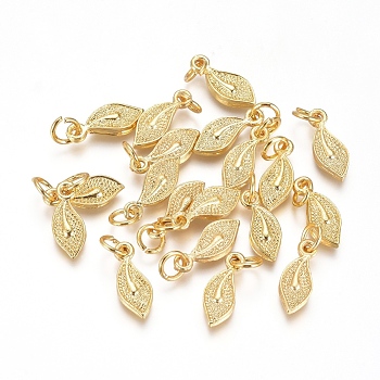 Electroplated Alloy Charms, Long-Lasting Plated, with Brass Jump Ring, Leaf, Golden, 14x5.5x2mm, Hole: 3.5mm