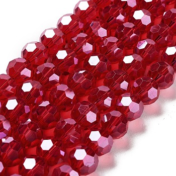 Electroplate Transparent Glass Beads Strands, Faceted(32 Facets), Round, Pearl Luster Plated, FireBrick, 10mm, Hole: 1.2mm, about 65~69pcs/strand, 23.03~24.49 inch(58.5~62.2cm)
