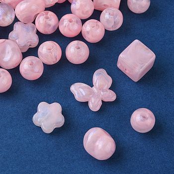 Opaque Acrylic Beads, Glitter Beads, Mixed Shapes, Pearl Pink, 10.5~17x11~20x5.5~13.5mm, Hole: 1.6~3mm