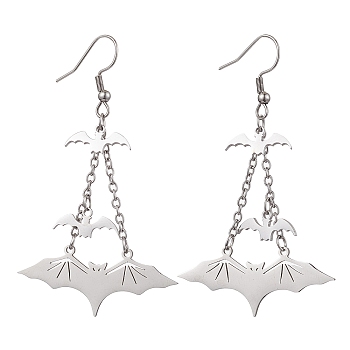 304 Stainless Steel Bat Pendants Dangle Earrings, with 316 Surgical Stainless Steel  Finding for Women, Stainless Steel Color, 65x39mm