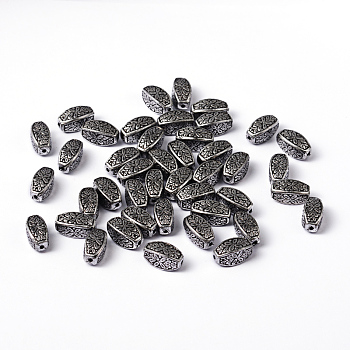 Antique Silver Plated Craved Flower Pattern Acrylic Beads, Rectangle, 7mm wide, 13mm long, Hole:1.5mm