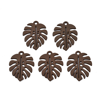 Baking Painted Alloy Pendants, Tropical Leaf Charms, for DIY Accessories, Lead Free & Cadmium Free, Monstera Leaf, Coconut Brown, 21x17x1mm, Hole: 1.6mm