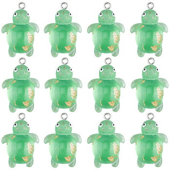 30Pcs Transparent Resin Pendants, Tortoise Charms, with Gold Foil and Platinum Tone Alloy Loops, Lawn Green, 30x20mm