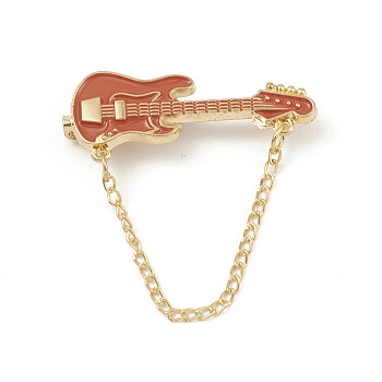 Alloy Enamel Brooch, Guitar Pin with Chain, Chocolate, 37mm