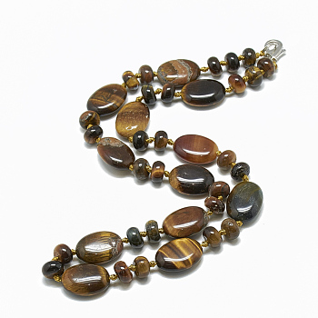 Natural Tiger Eye Beaded Necklaces, with Alloy Lobster Clasps, Oval, 18.1 inch~18.5  inch(46~47cm), Oval: 18x13.5x5.5~6mm