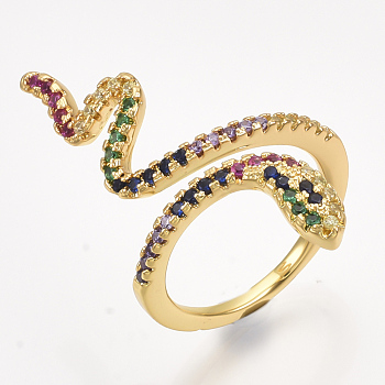 Brass Micro Pave Cubic Zirconia Cuff Rings, Open Rings, Snake, Colorful, Size 6, 16mm