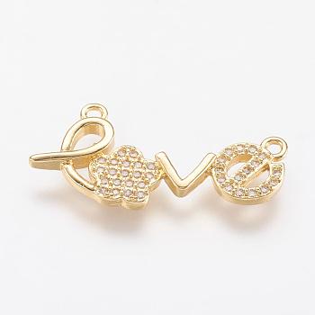Brass Micro Pave Cubic Zirconia Pendants, Word Love, Real 18K Gold Plated, 12x26.5x2mm, Hole: 1mm