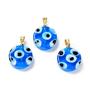 Handmade Evil Eye Lampwork Pendants, with Rack Plating Brass Findings, Long-Lasting Plated, Lead Free & Cadmium Free, Flat Round, Blue, 19.5x16x6mm, Hole: 4.2x3.8mm(LAMP-F030-01G-02)
