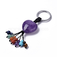 Natural Amethyst Heart with Mixed Gemstone Tassel Keychains, with 304 Stainless Steel Ring Clasps, 8.5~9cm(KEYC-P012-03P-01)
