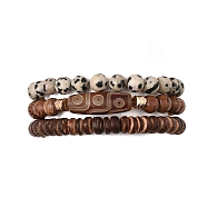 3Pcs 3 Style Natural Dalmatian & Coir Wood Bbeaded Stretch Bracelets Set, Tibetan dZi Stackable Bracelets, Mixed Color, Inner Diameter: 2~2-1/8 inch(5~5.5cm), 1Pc/style(BJEW-JB09863)