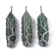 Natural Green Aventurine Big Wire Wrapped Pointed Pendants, with Brass Wires, prismatic with Tree of Life, Platinum, 48~62x14~17x13~18mm, Hole: 4x5~6mm(G-T133-P02D)