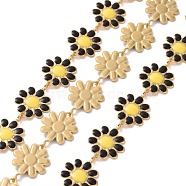 304 Stainless Steel Daisy Flower Link Chains with Enamel, Unwelded, Golden, Black, 14x10x1mm(AJEW-J035-03G-12)