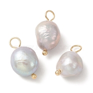 Natural Freshwater Pearl Pendants, Potato Charms with Golden Plated Brass Loops, Silver, 16~17x8~9x8~8.5mm, Hole: 2.5~3mm(PALLOY-JF02153-02)