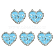 Alloy Enamel Split Pendant, with Rhinestone, Cadmium Free & Nickel Free & Lead Free, Platinum, Broken Heart with Word Best Friend, Deep Sky Blue, 31x30.5x2mm, Hole: 2mm(ENAM-YW0003-81B)