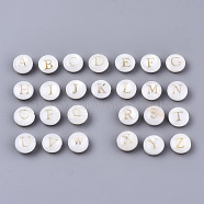 Natural Freshwater Shell Beads, with Golden Plated Brass Etched Metal Embellishments, Horizontal Hole, Flat Round with Letter, Alphabet, Seashell Color, Letter A~Z, 8x3~5mm, Hole: 0.5~0.7mm, about 26pcs/set(SHEL-S266-12)