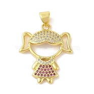 Rack Plating Brass Cubic Zirconia Pendants, Cadmium Free & Lead Free, Little Girl, Red, Real 18K Gold Plated, 24x20.5x3mm, Hole: 3x4mm(KK-S380-30G-06)