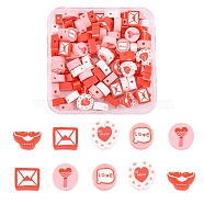 100Pcs Handmade Polymer Clay Beads, Flat Round with Word Love & Heart, Mouth and Letter, Red, 5.5~9.5x9~11x4~5mm, Hole: 1.6mm(CLAY-YW0001-66)