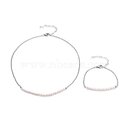 304 Stainless Steel Rolo Chains Necklace & Bracelet Jewelry Sets, with Natural Freshwater Pearl, Tiger Tail Craft Wire and Lobster Claw Clasps, Seashell Color, Stainless Steel Color, 16.41 inch(41.7cm), 7-3/8 inch(18.7cm)(SJEW-JS01097)