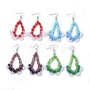 Glass Beads Dangle Earrings, with 304 Stainless Steel Earring Hooks and Brass Finding, teardrop, Mixed Color, 78.5~80mm, Pin: 0.6mm(EJEW-JE02987)